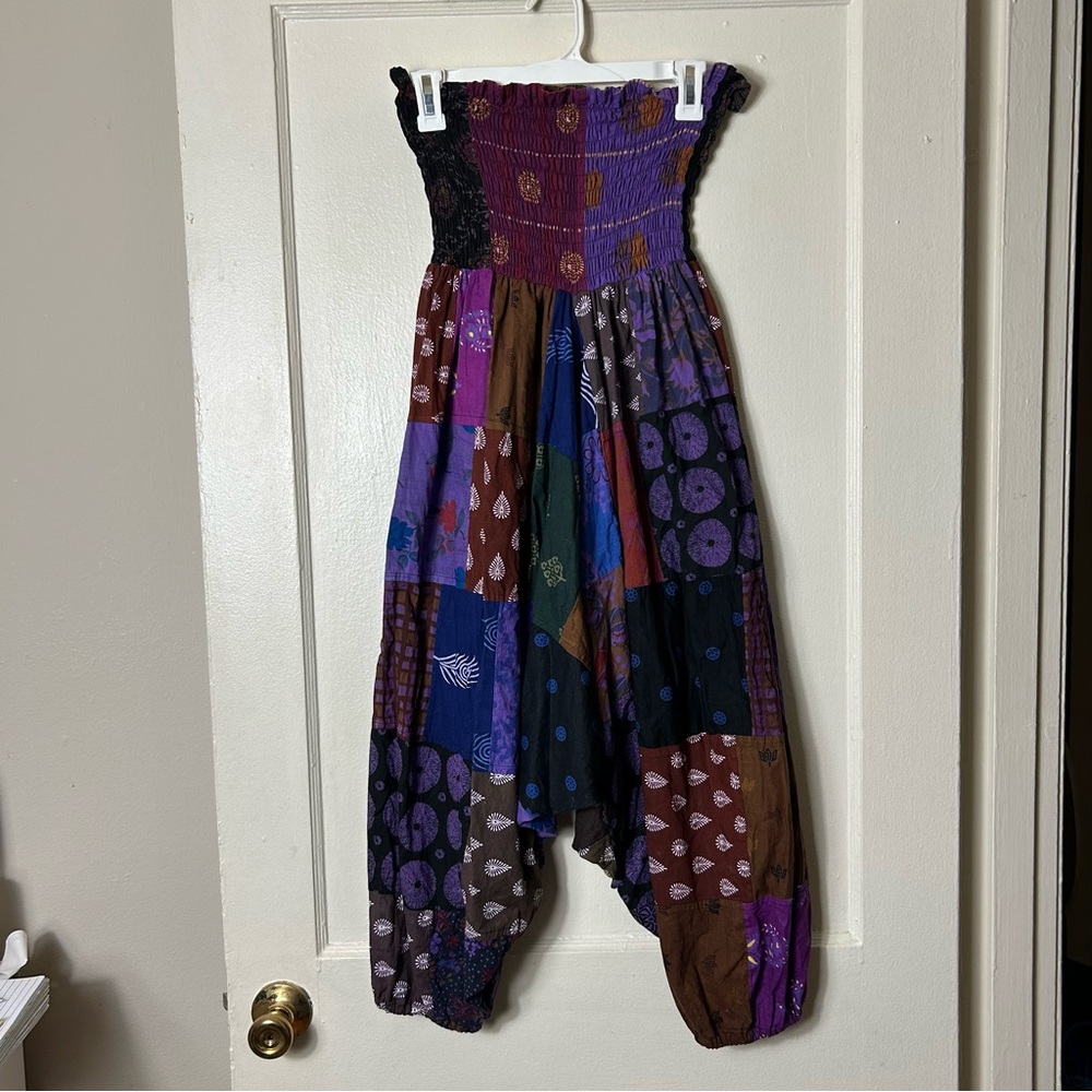 Multicolor Patchwork Drop Crotch Harem Pull On Pa… - image 2